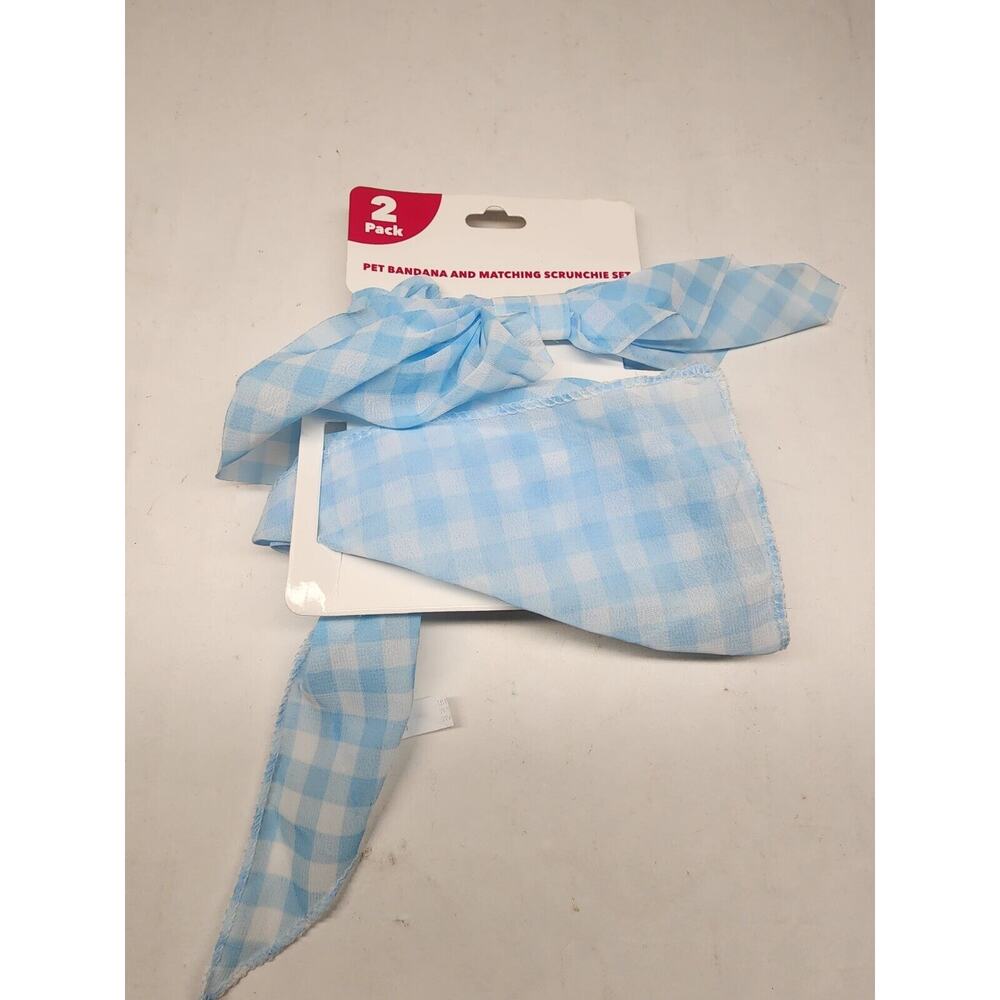 2 Pack Pet Bandana And Matching Scrunchie Set Light Blue Checkered